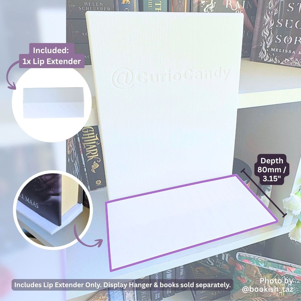 White 80mm (3.15") Deep Lip Extender accessory shown on an empty white Floating Book Display Hanger with purple dimension callout badges and inset graphics demonstrating product installation.